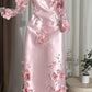 Pink Handmade Floral Long-Sleeved Satin Evening Gown gh7076