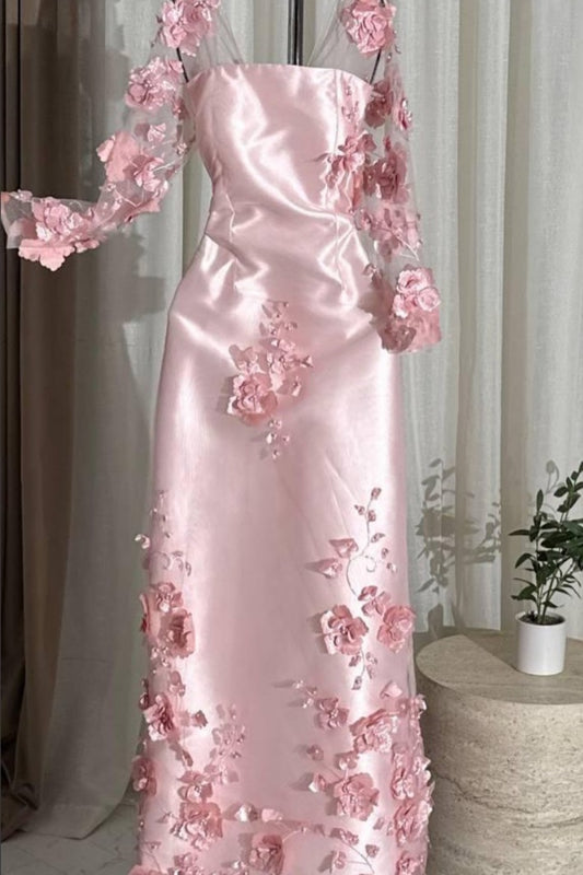 Rosa, handgefertigtes, langärmeliges Abendkleid aus Satin mit Blumenmuster gh7076