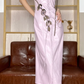 Lavender Faux‑Leather Slip Midi Gown, Sweetheart Neckline, Front Lace‑Up Corset Detail, Side 3D Fabric Rose Appliqués, Seamed Fitted Waist, Bodycon Midi Dress, Retro Edgy Party Photoshoot Evening Dress gh8863