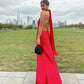 Robe de soirée en satin rouge simple et élégante avec ruban et dos nu, longue fente, sexy, robe d'invité de mariage, gh3054