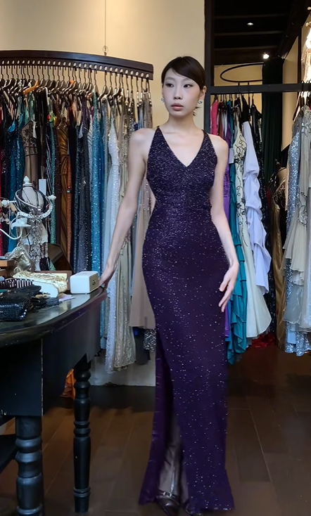 Halter Dark Purple Evening Gown Full Sparkle Sequin Waist Cutout Mermaid High Slit Long Prom Dress gh9709