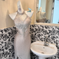 Light Grey Gradient Halter Silver Embellished Waist-Cinched Fitted Mermaid Sexy Romantic Dress, Wedding Gown gh7594