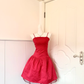 Women Bright Red Homecoming Dress, Spaghetti Strap Square Neck All‑Over Jacquard Fitted Bodice Flared A‑Line Mini Dress With Tulle Trim Hem gh9187