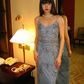 Light Blue Spaghetti Strap Beaded Vintage Pattern Fitted Waist Slim Long Elegant Prom Gown, Evening Party Dress gh8363