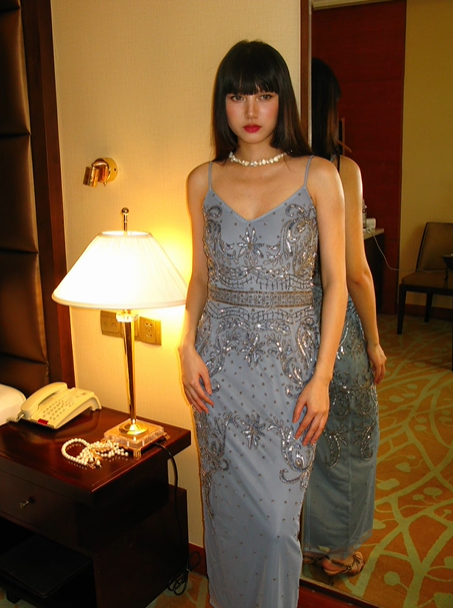 Light Blue Spaghetti Strap Beaded Vintage Pattern Fitted Waist Slim Long Elegant Prom Gown, Evening Party Dress gh8363