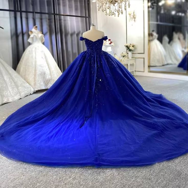 Blaues schulterfreies Spitzenapplikationen A-Linie Langes Ballkleid Abendkleid Brautkleid Hochzeitskleid gh3103