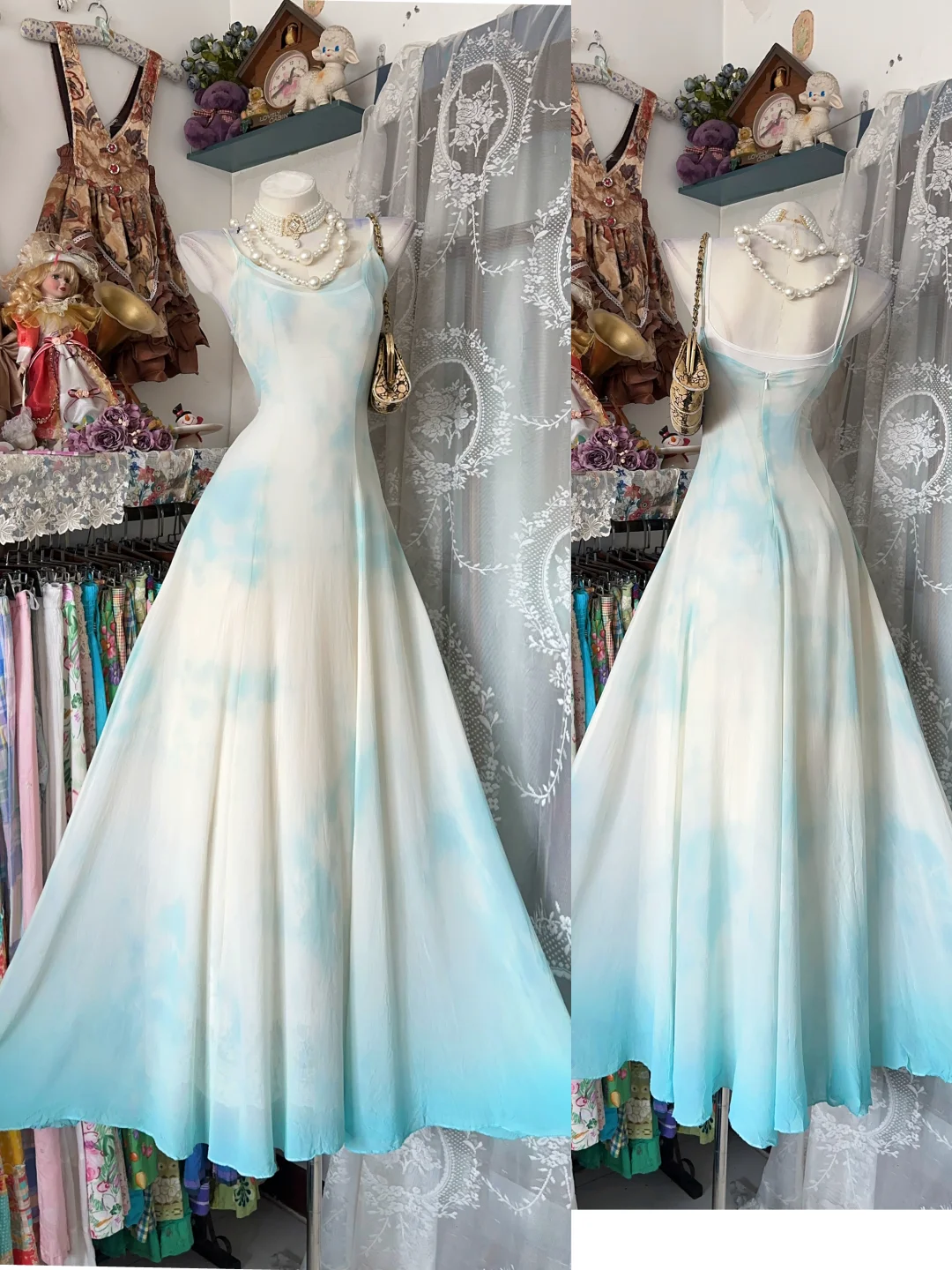 Vintage White Base Light Blue Tie-Dye Spaghetti Strap Fitted Waist Slim A-Line Prom & Evening Party Dress gh8479