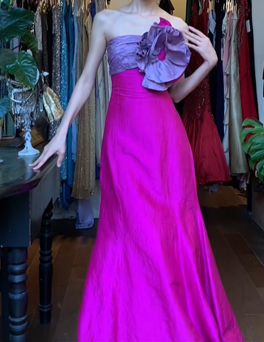Fuchsia Strapless Long Formal Gown Purple 3D Flower Satin Mermaid Prom Dress gh9635