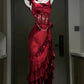 Girlhomeshops - Robe de soirée moulante bordeaux sexy à plusieurs couches en satin fendu, col licou, gh5450