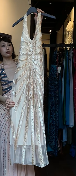 Ivory Halter V Neck Evening Gown Geometric Beaded Sequin Sheath Long Vintage Gatsby Prom Dress gh9729