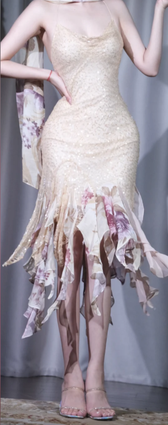 ✨Girlhomeshops-Champagne Spaghetti Strap Prom Dress Cowl Neck Floral Ruffle Sequin Evening Gown gh9967