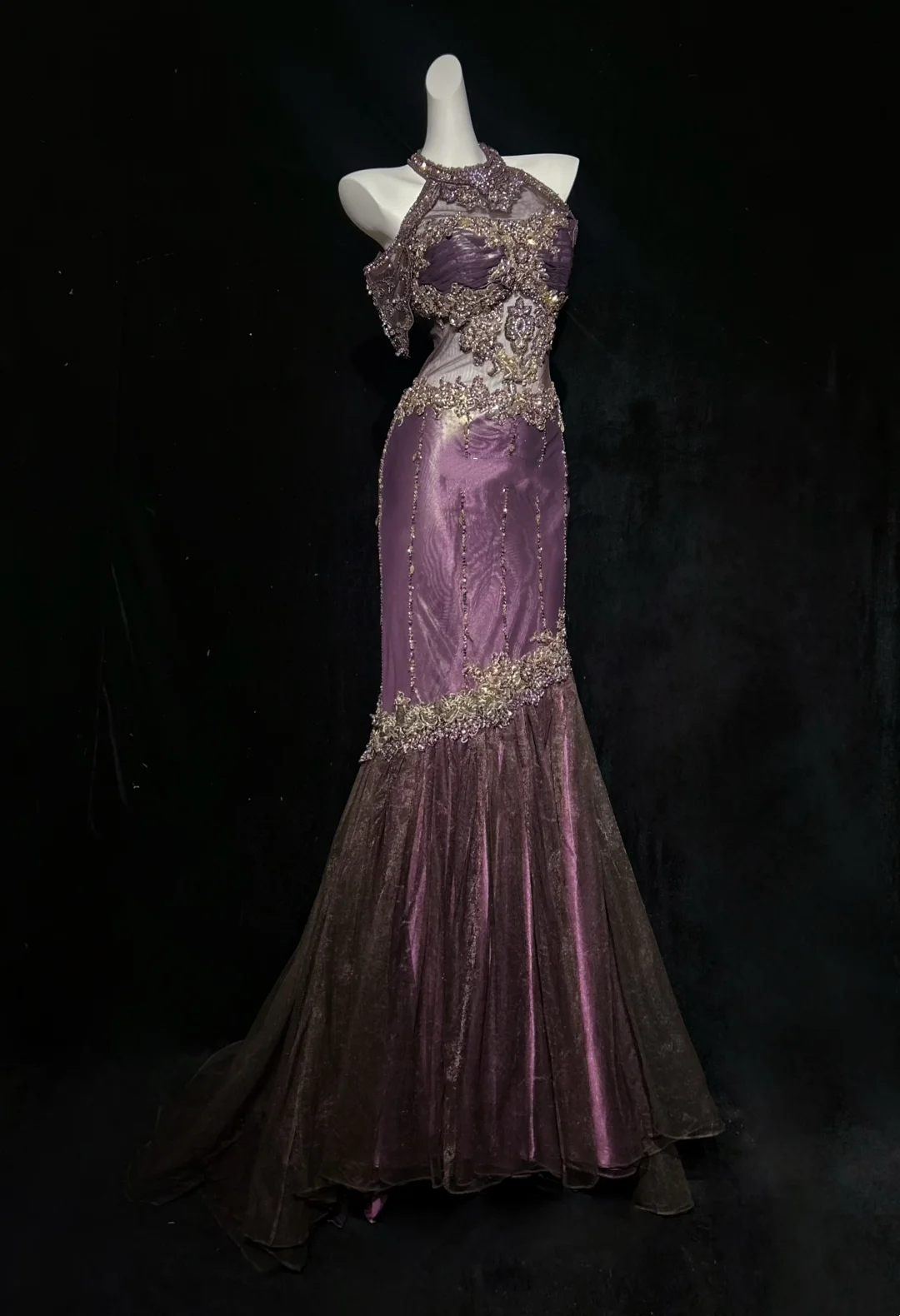 ✨Girlhomeshops-Halter Purple Beaded Mermaid Evening Gown, Sheer Mesh Formal Dress gh10277
