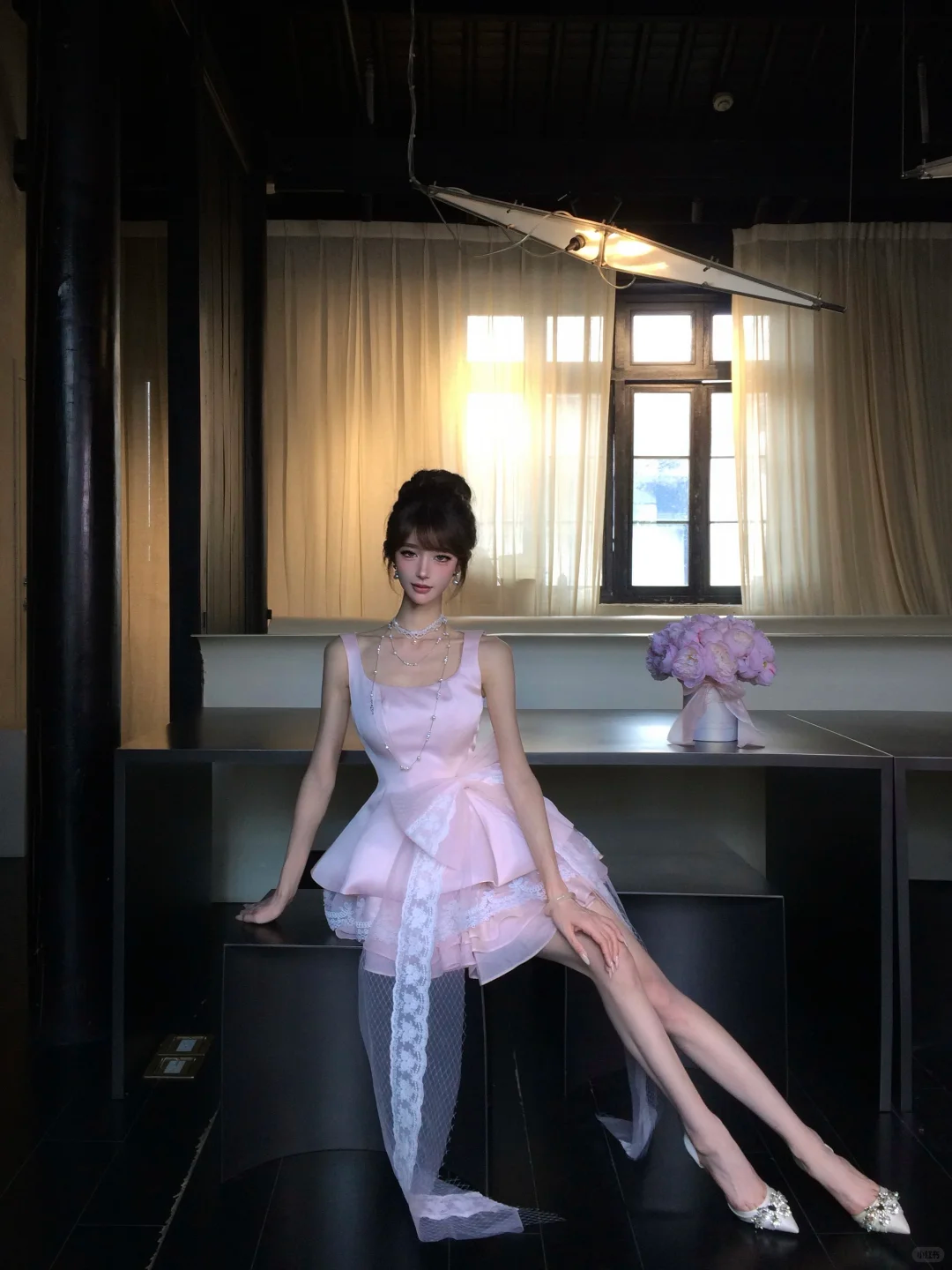 Pink Square Neck Satin Homecoming Dress Lace Mini Prom Gown With Detachable Train gh9409