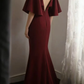 Burgundy V‑Neck Mermaid Evening Gown, Cape Flutter Sleeves Fitted Long Mermaid Formal Party Dress gh9104