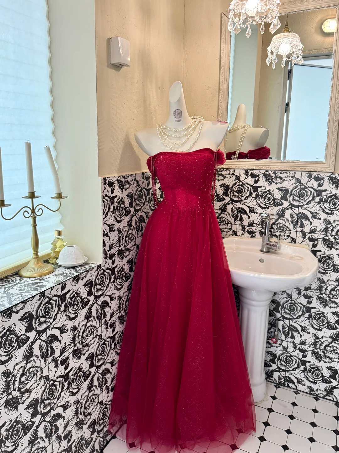 Burgundy Off-the-Shoulder Waist-Cinched Fitted Long Elegant Romantic Dress, Wedding Gown gh7565
