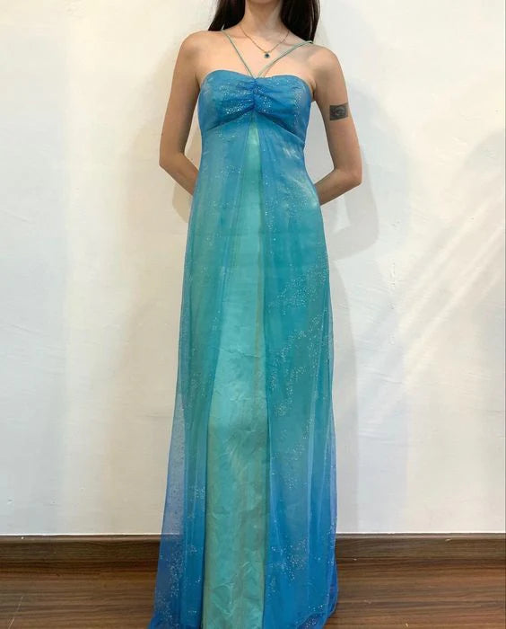 Blau glänzend Mode Farbverlauf Gold Spray Retro elegante Sling lange Tüll Ballkleid Abendkleid Partykleid gh3458
