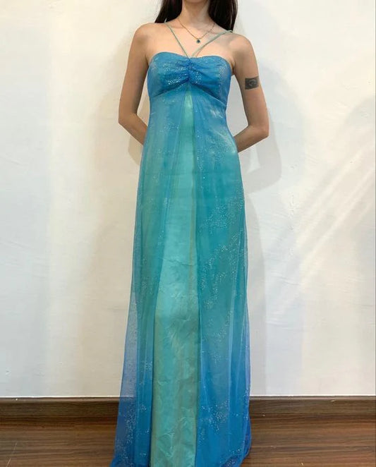 Blau glänzend Mode Farbverlauf Gold Spray Retro elegante Sling lange Tüll Ballkleid Abendkleid Partykleid gh3458