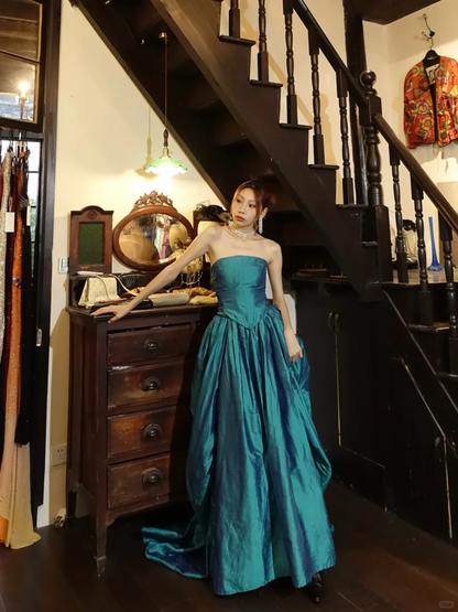 Peacock Blue Strapless Corset Ball Gown Shimmer Full Skirt Long Prom Dress gh9864