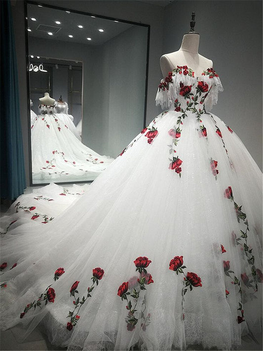 Wunderschönes, weißes, zartes, langes A-Linien-Tüll-Ballkleid mit Rosenapplikationen und Abendkleid, Hochzeitskleid gh3341