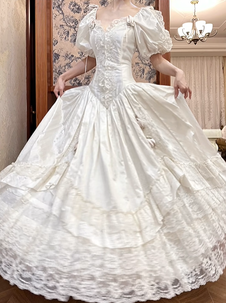 Ivory Vintage Satin Ball Gown Wedding Prom Dress, Sweetheart V‑Neck Puff Sleeves With Bows, Floral Lace Appliqués, Multi‑Tier Lace Cake Hem gh8710