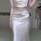Champagne Satin Off‑Shoulder Long Evening Gown, Cowl Neck Crop Top, Sheer Lace Waist Panel, High‑Waist Draped Mermaid Formal Dress gh8942