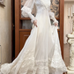 Ivory Vintage Pleated Tulle Wedding Prom Dress, Lace High Neck Illusion V‑Neck, Puff Long Sleeves, Floral Lace Appliqués, High Waist, Multi‑Tier Lace Long Train gh8681