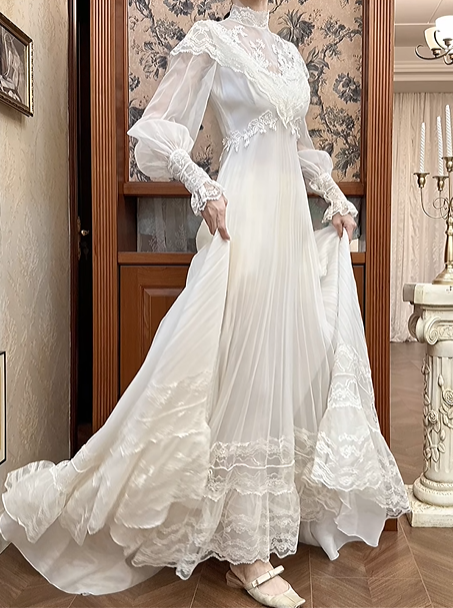Ivory Vintage Pleated Tulle Wedding Prom Dress, Lace High Neck Illusion V‑Neck, Puff Long Sleeves, Floral Lace Appliqués, High Waist, Multi‑Tier Lace Long Train gh8681