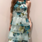 Light Teal Vintage Luxury Printed Halter Prom & Evening Party Dress gh8444