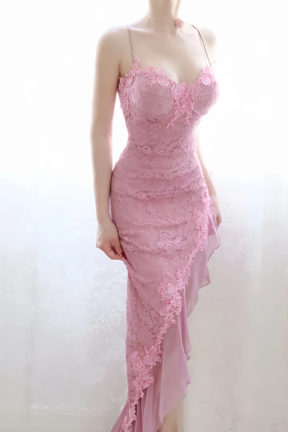 Women Pink Lace Mermaid Evening Gown Spaghetti Straps Sweetheart Neck 3D Flower Appliques Asymmetrical Chiffon Ruffle Formal Dress gh9571