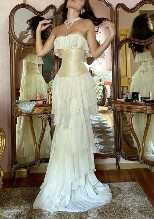 Weißes Vintage-Mode A-Linie Off-Shoulder Langes Chiffon-Tüll Tiered Ruffle Ballkleid Abendkleid Partykleid Ballkleid gh3658