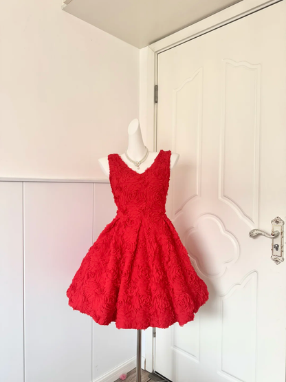 Women Red Homecoming Dress, Sleeveless Deep V‑Neck All‑Over 3D Rose Floral Textured Fabric High Waist Pleated Voluminous A‑Line Mini Party Dress gh9218