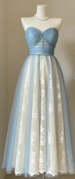 Strapless Dusty Blue Tulle Homecoming Dress Beaded Bodice White Floral Lace A-Line Midi Formal Gown gh9485