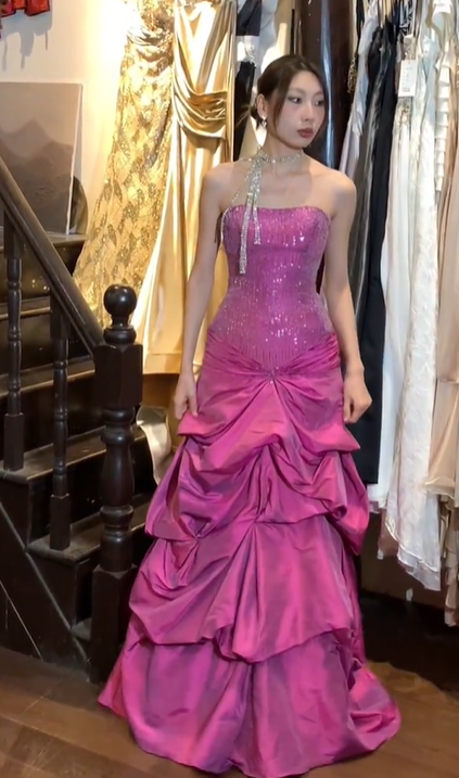 Fuchsia Strapless All Over Sequin Ruched Tiered Mermaid Long Evening Prom Dress gh9782