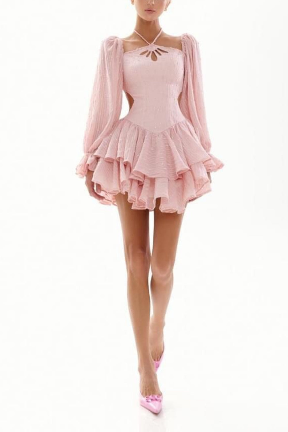 Girlhomeshops - Robe de soirée courte rose à manches longues et volants en mousseline de soie (gh5334)