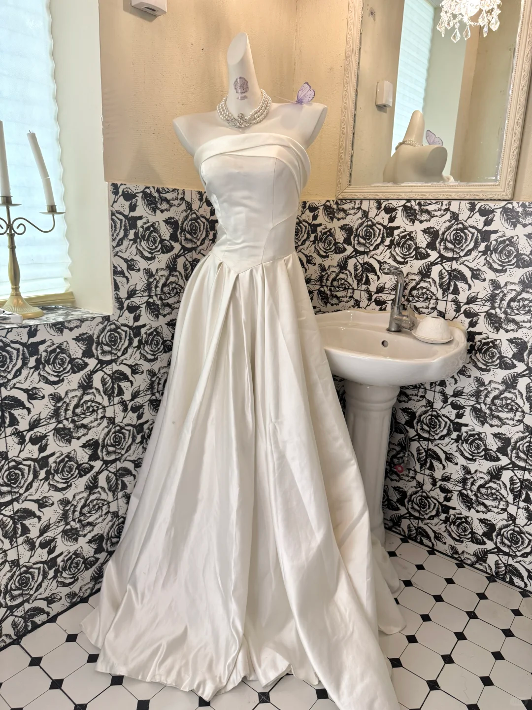 White Satin Strapless Cinched Waist Full Flared Skirt Long Premium Romantic Dress, Wedding Gown gh7795