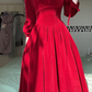 Burgundy Velvet Long Evening Gown, Square Neck Pearl Trim Puff Sleeve A‑Line Formal Prom Dress gh9044