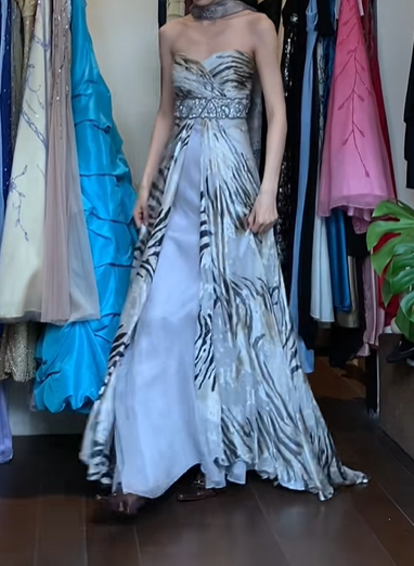 Zebra Print Strapless Long Formal Gown Rhinestone Beaded Waist Chiffon Split Prom Dress gh9636
