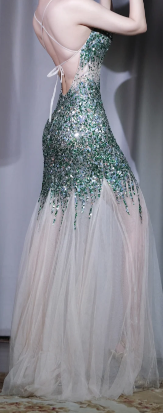 ✨Girlhomeshops-Green Ombre Sequin Mermaid Evening Dress Spaghetti Strap Sweetheart Tassel Tulle Gown gh10051