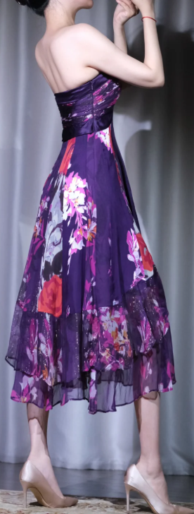 ✨Girlhomeshops-Purple Floral Chiffon Midi Prom Gown Strapless Twist Front Irregular Ruffle Hem Cocktail Dress gh10103