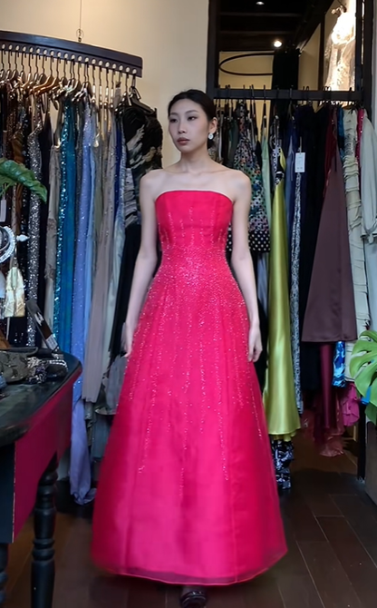 Fuchsia Strapless Long Formal Gown Hand Beaded Tulle A-Line Evening Dress gh9667