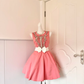 Women Peach Pink Homecoming Dress, Sleeveless Round Neck Ornate Silver Beaded Bodice White Satin Bow Waist Sash Voluminous Flared A‑Line Mini Party Dress gh9212