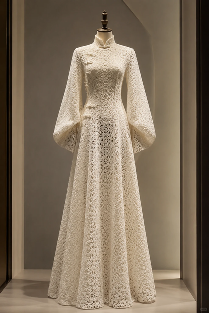 ✨Girlhomeshops-Mandarin Collar Lantern Sleeve Crochet Lace Qipao Gown with Frog Buttons gh10300