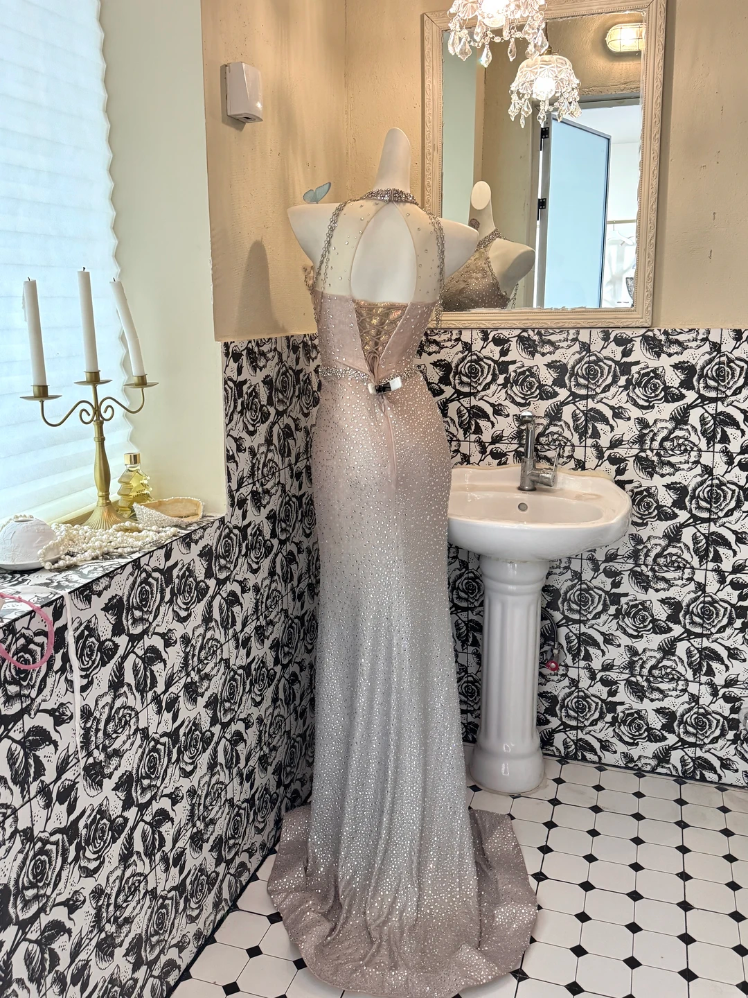Light Grey Gradient Halter Silver Embellished Waist-Cinched Fitted Mermaid Sexy Romantic Dress, Wedding Gown gh7594