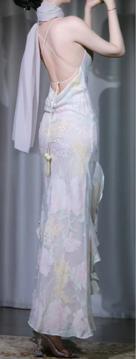 ✨Girlhomeshops-Spaghetti Strap White Starfish Beaded Mermaid Evening Dress Floral Ruffle Gown with Shawl gh10043