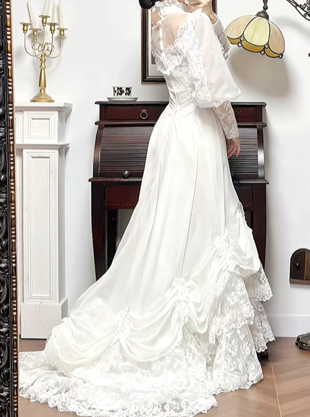 Ivory Vintage Lace High‑Neck Puff‑Sleeve Draped Ruched Long Train Wedding Dress gh8768