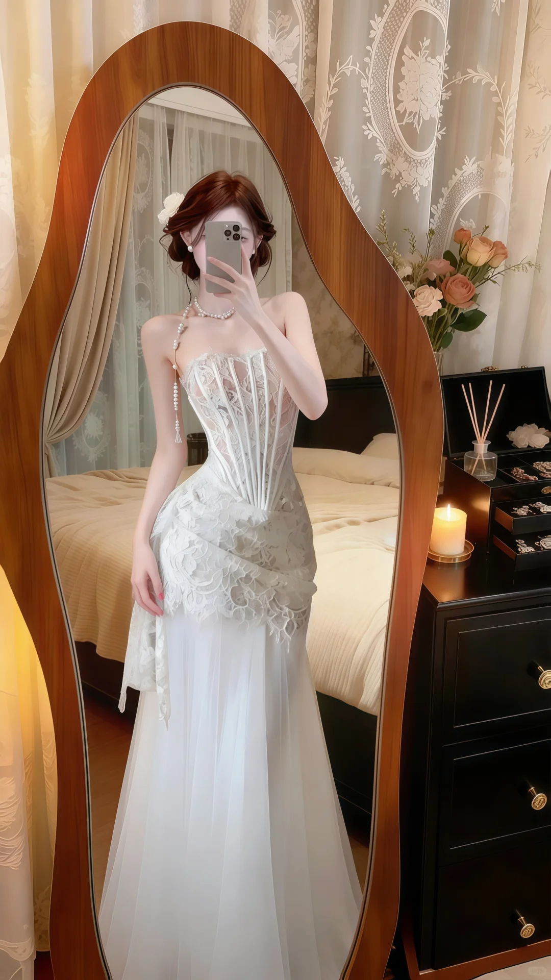 White Strapless Corset Wedding Gown, Lace Bodice Pearl Halter Strap Tulle Long Mermaid‑Style Prom Dress gh9137