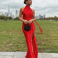 Robe de soirée en satin rouge simple et élégante avec ruban et dos nu, longue fente, sexy, robe d'invité de mariage, gh3054