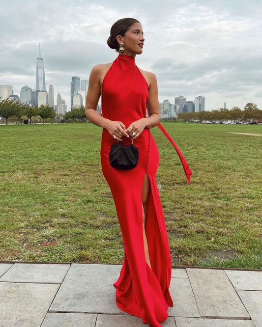 Robe de soirée en satin rouge simple et élégante avec ruban et dos nu, longue fente, sexy, robe d'invité de mariage, gh3054