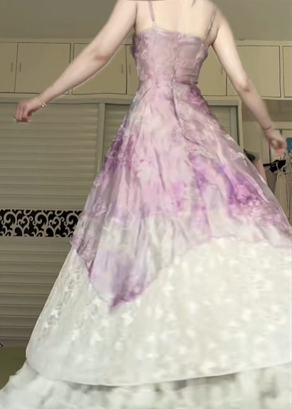 Lavender Tie‑Dye Floral Butterfly Print Spaghetti Strap Ball Gown, Lace Patchwork Irregular Tulle Formal Prom Dress gh9014