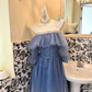 Dusty Blue Off-the-Shoulder Waist-Cinched Long Vintage Romantic Gown gh7553